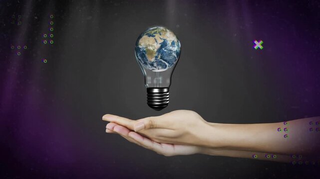 Arm entering from right, holding hovering Earth-bulb forming while dot-grid flashing showing tech