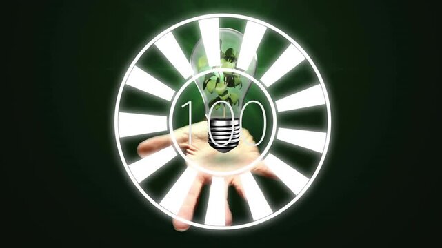 Hand bringing bulb, palming as ring filling, number climbing to 100, plant growing for green tech