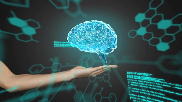 Forearm entering left, supporting holographic brain while code panels scrolling, showing tech demo