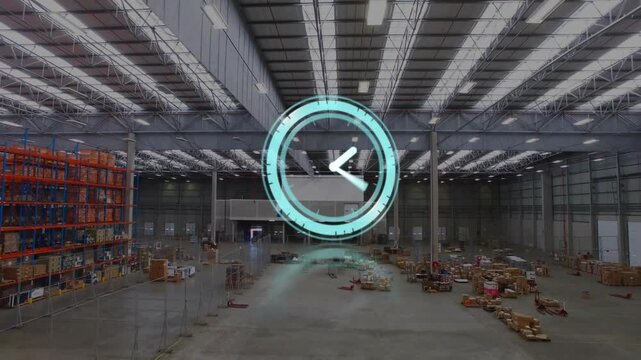 Teal AR clock appearing in warehouse rotating, fragmenting, contracting into logistics progress bar
