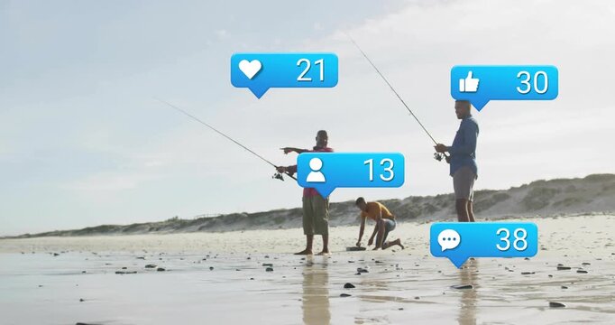 Three men fishing pointing man gesturing as clip plays social-media bubbles rising showing likes