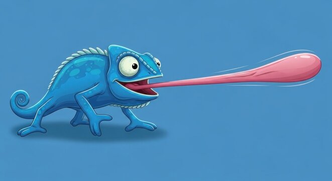 A blue chameleon with a pink tongue, spitting out a pink substance.
