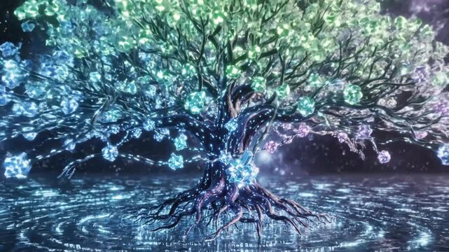 Digital tree with glowing roots and crystal energy core