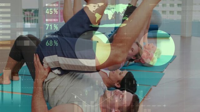 Front man on coach cue, lifting hips, moving legs for fitness, HUD charts over participants' mats
