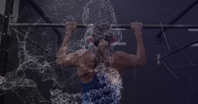 Woman starting pullup from bar for fitness, engaging lats while particle overlay growing over back