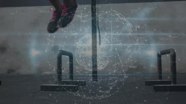 Woman initiating jumps over bars, pushing off, repeating for fitness with globe pulsing on landings