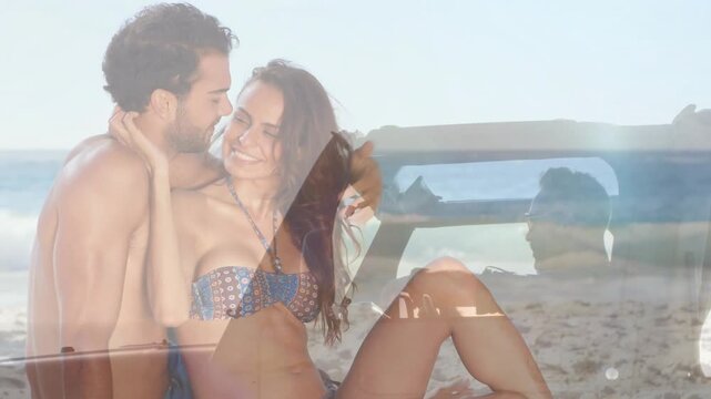 Couple posing on jeep man leaning toward woman as crossfading overlay showing driver for travel ad