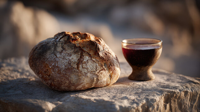 Rustic bread loaf and clay cup of red wine on limestone surface in warm sunrise light for biblical communion concept
