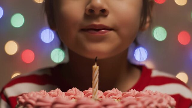Child blowing out birthday candle against colorful bokeh background
