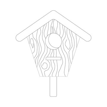 Black and white line drawing of wooden birdhouse with triangular roof, circular entrance, perch, and detailed wood grain texture, simple outline illustration for educational and decorative projects