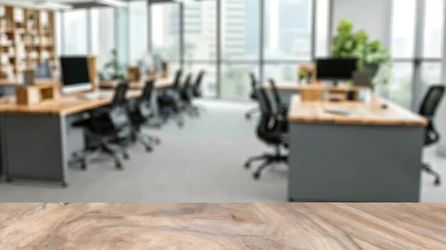 Empty wooden table surface with a blurred modern office workspace in