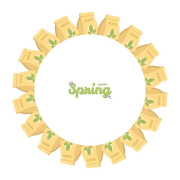 Circular arrangement of seed packets labeled SEEDS with leaf design forming border around central text HAPPY Spring in playful green script, cheerful seasonal illustration for gardening and holiday