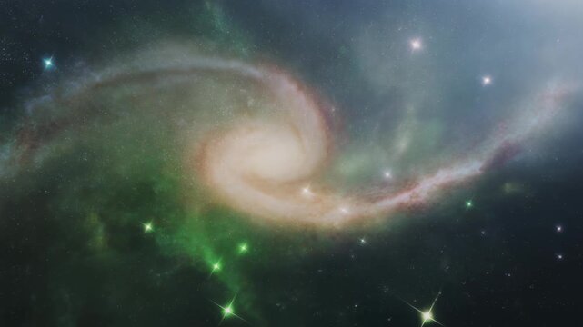 Vibrant Green Spiral Galaxy Rotating in the Cosmos.