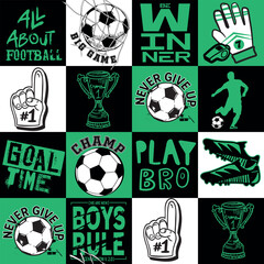 Naklejka premium Abstract seamless pattern for boys. Football pattern. Grunge urban pattern with football ball. Sport wallpaper on white background with black and green. Repeated sport pattern.