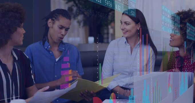 Team of four in meeting opening yellow or green folder and presenting analytics while charts animati