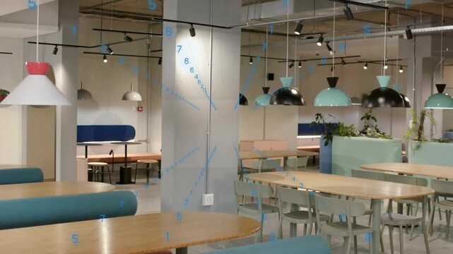 Camera panning right, column showing blue dots and casting grid across tables for workspace