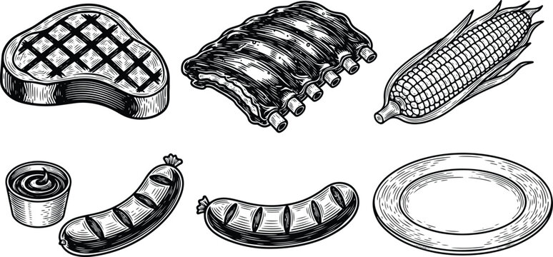 Vintage engraving food illustration set with grilled steak, ribs, corn, sausages and sauce