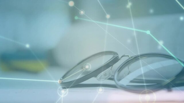 Focus shifting, glasses sharpening on desk, teal network lines crossing lenses, revealing tech glow