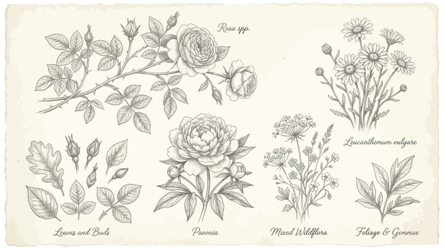 Vintage botanical illustrations featuring roses, peonies, daisies, and various wildflowers in a detailed sketch style on aged paper.