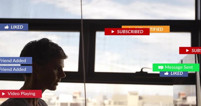 Woman at desk hovering cursor spawning social badges around her, stacking fading showing engagement