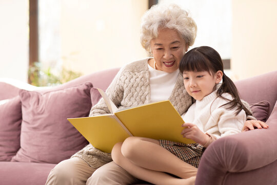 Story time with Grandma on the couch