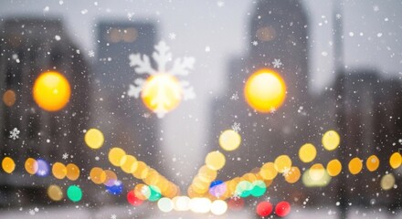 Naklejka premium Snowflakes falling on a blurred cityscape with festive lights.