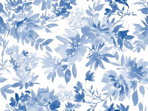 Watercolor indigo blue floral seamless pattern with abstract hand painted wild flowers for stationary, surface design and wrapping paper. 