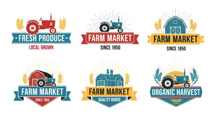 Farm Market Vintage Logos: Tractors, Barns, Wheat, Fresh Produce, Organic Harvest © Mangga