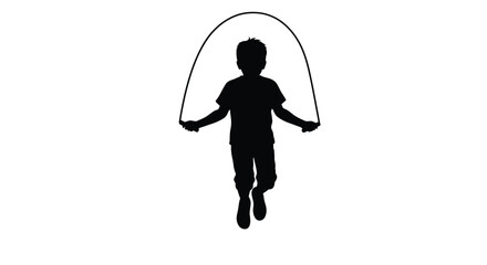 A child joyfully jumping rope against a white background silhouette © MDSAJIB