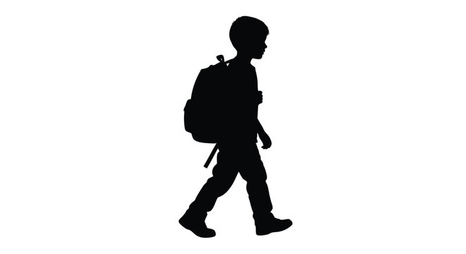 A young boy walking with a backpack striking black silhouette