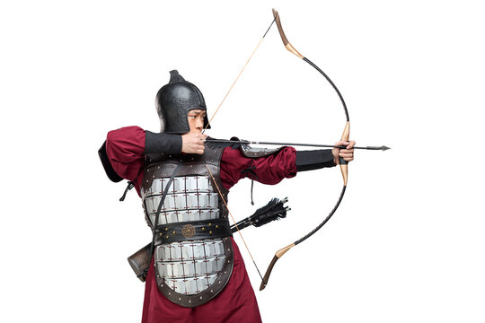 Humorous studio shot: armored ancient soldier