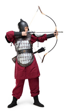 Humorous studio shot: armored ancient soldier