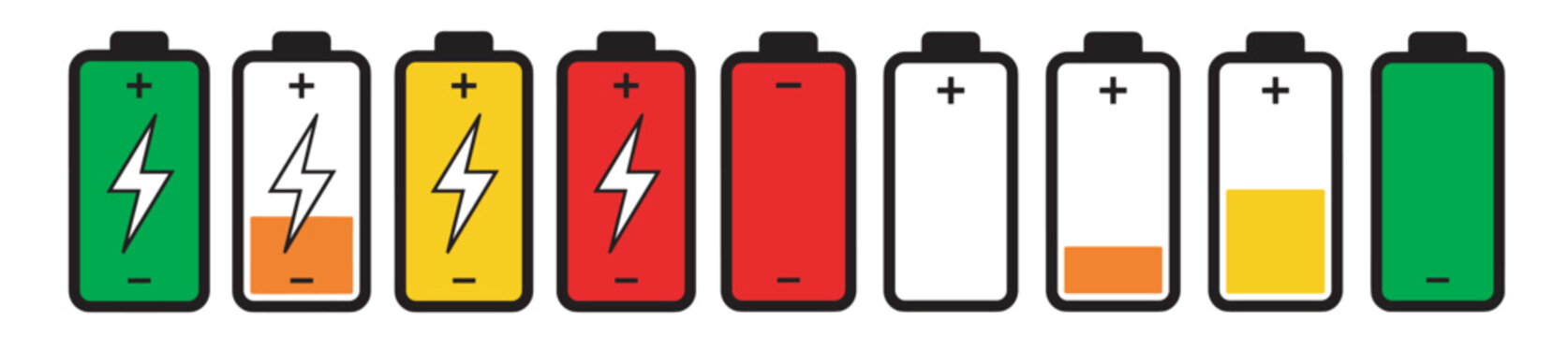 battery charge level icon set with power indicators, electricity symbols and charging status elements isolated on transparent background