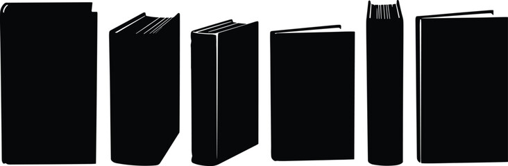 Silhouette collection of upright books, black isolated book icons, education literature library design, academic knowledge concept, publishing illustration bundle © Habiba