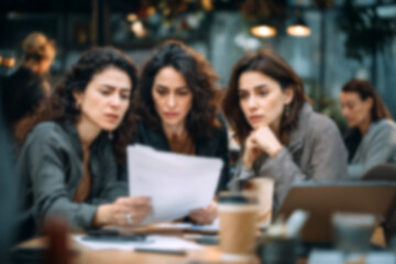 Fototapeta premium Blurred Three professional women reviewing documents together at modern office table