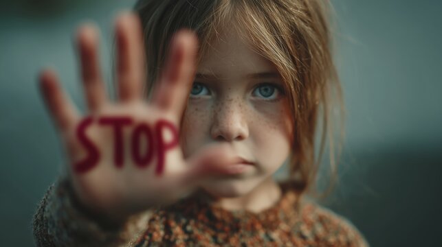 Girl holds out hand with STOP written on her palm to raise awareness for child protection and request for help