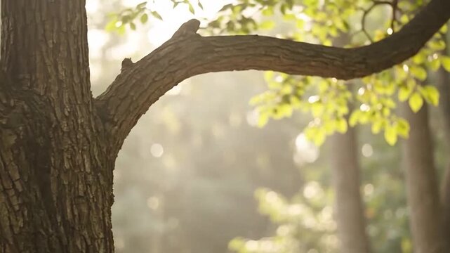 Close-up of a textured tree trunk and branches with green leaves in a sunlit