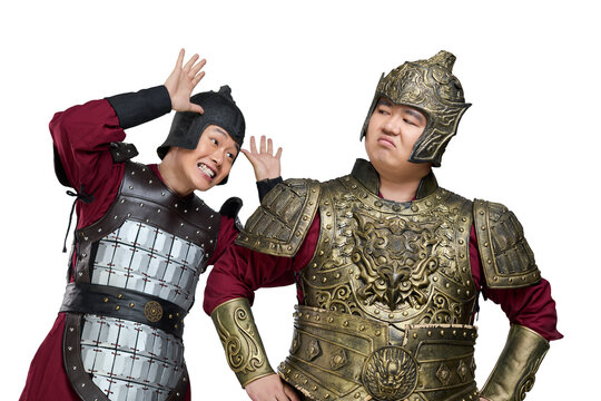 Humorous studio shot: armored ancient general and soldier