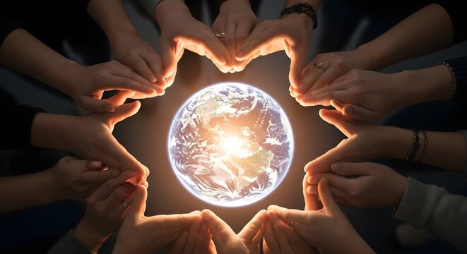 Many diverse hands forming a protective circle around a brightly glowing earth sphere symbolizing global unity, environmental conservation, and a hopeful future together.