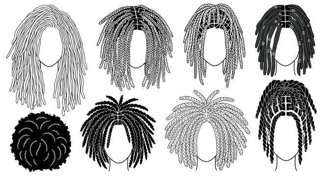 Diverse Dreadlock Hairstyles Collection - Black and White Vector Illustrations