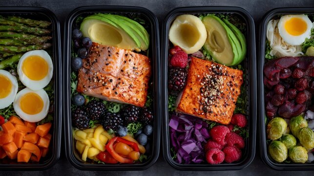 Colorful meal prep containers filled with healthy lunches ready for the week ahead in a kitchen setting