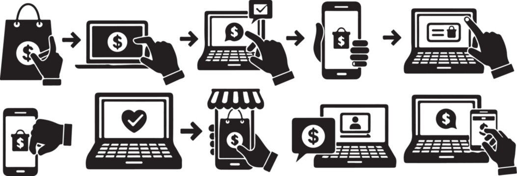 Online Shopping Process with Hand Icons and Devices