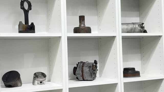White shelves filled with automotive parts showcasing rusted pistons, clutch discs, alternators and crank components arranged in cubby display