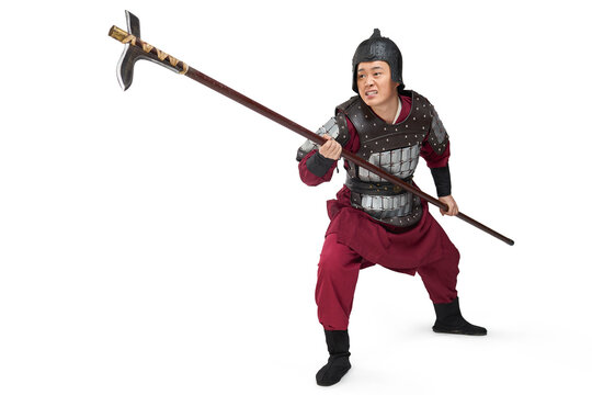 Humorous studio shot: armored ancient soldier