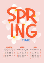 Spring calendar with white flowers. Vertical calendar for spring 2026 with grain effect.