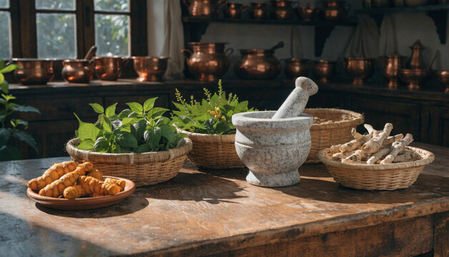A traditional ayurvedic kitchen with  Ayurvedic herbs 