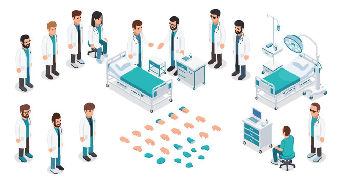 Comprehensive isometric medical character and equipment set featuring various doctors, surgeons, hospital beds, and hands.