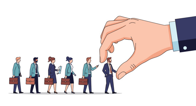 Giant corporate hand reaches down to select a specific businessman from a line of candidates during a competitive hiring process.