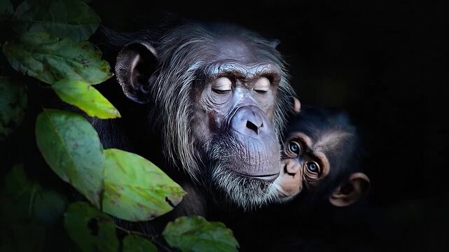 A primate parent and its young are close together in a dark forest