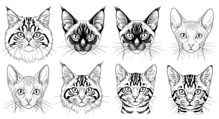 Obraz premium Set of Cat Portraits, Diverse Breeds, Hand Drawn Sketch Style